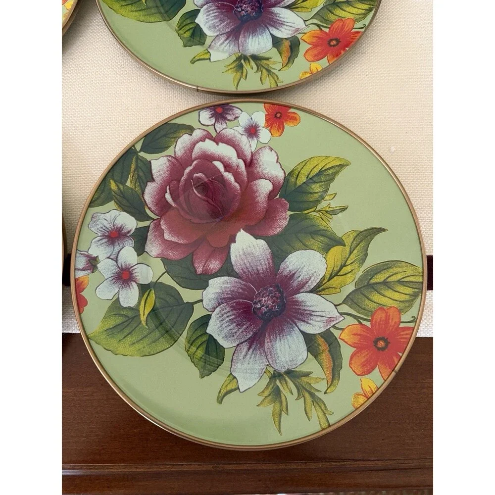 MacKenzie-Childs Green Flower Market Salad/Dessert Plate Set of 4 New In Box